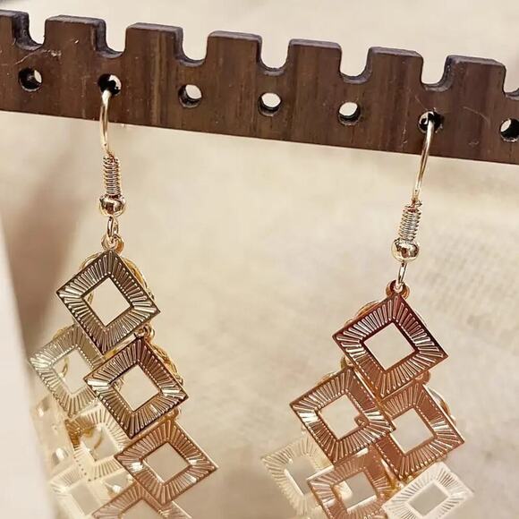 NEW Gold Dangle Earrings – Boho Chic Square Tassel with Hollow Out Design - Picture 3 of 4